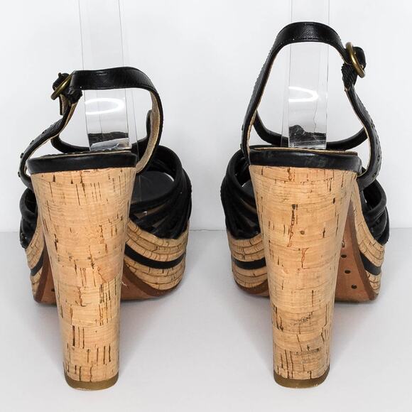 Frye Women's High Heels Strappy Cork READ Black Tan Size 8.5 M | AR - Picture 4 of 8